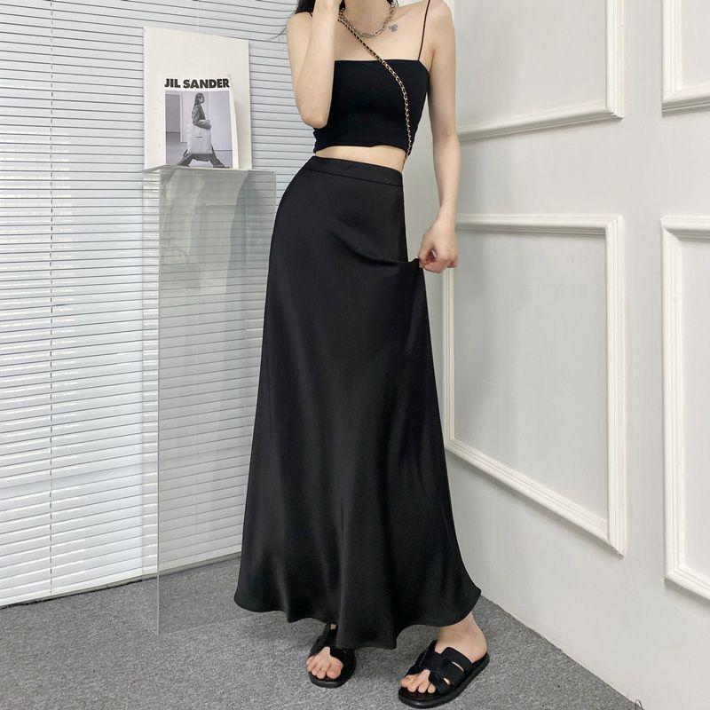 Chân Váy Midi, Xếp Nếp, Dành Cho Phụ Nữ, Phong Cách Mới, Mỏng Vừa Vặn, Eo Co Giãn, Chân Váy Chữ A Dễ Phối Đồ 0