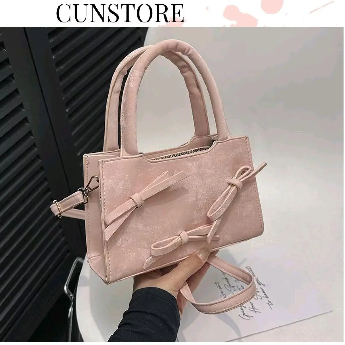 Túi Xách Nữ Cunstore Hai Quai Dáng Hộp Nhung Loang Đính 3 Nơ Đeo Chéo Đeo Vai CUN340