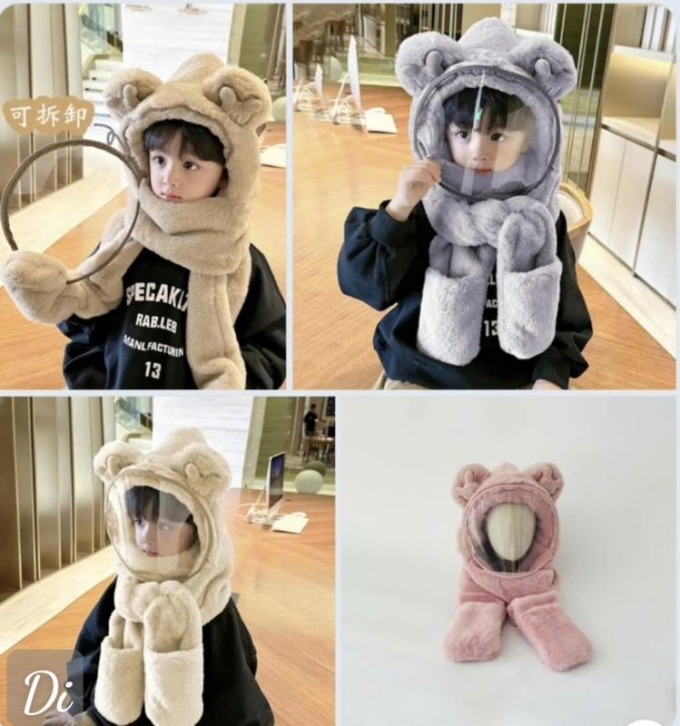 Mũ Len Lông Trùm Đầu Có Kính Chắn Gió Kèm Khăn Quàng Cổ Và Bao Tay Cho Bé, Nón Len Lông Cừu Có Bao Tay