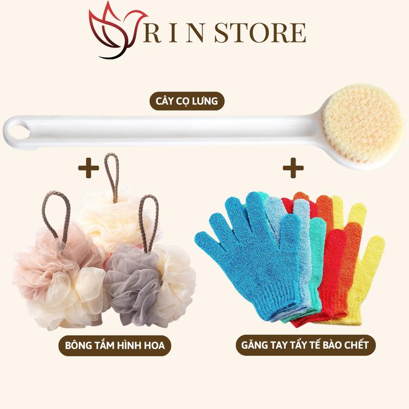 Cây Chà Lưng + Bông Tắm + Găng Tay Tấy Tế Bào Chết Bàn Chải Combo 3 Món Tiện Lợi Bỏ Qua Các Bước Làm Sạch Thông Thường Tiết Kiệm Thời Gian RIN
