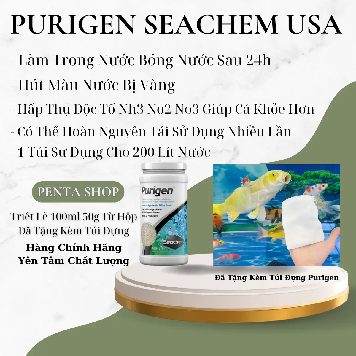 Vật liệu lọc Purigen Seachem hấp thụ độc tố, làm trong nước hồ cá (Tặng Kèm Túi Đựng Purigen)