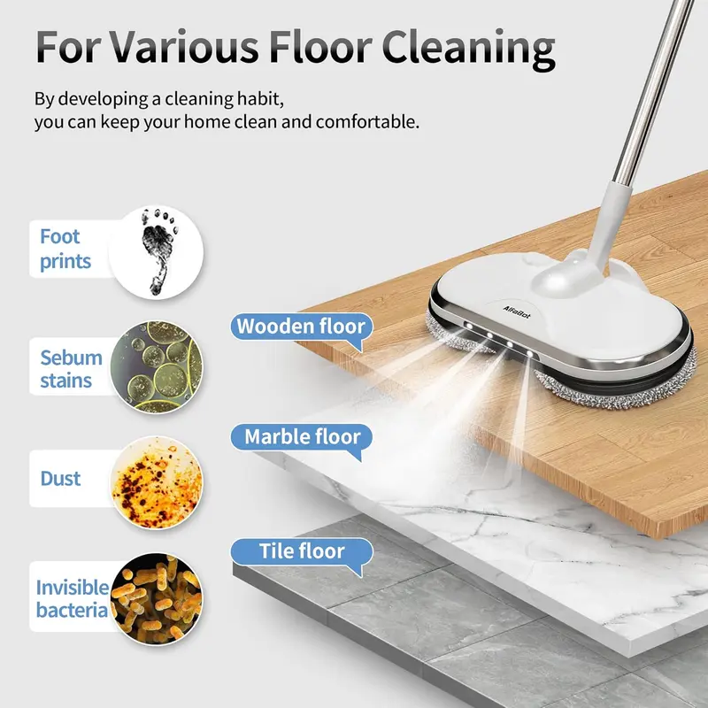 Cordless Electric Mop for Floor Cleaning, AlfaBot WS-24 Electric Spin Mop, Electric Mop with Water Sprayer and LED Headlight, Lightweight & Rechargeable Floor Scrubber for Hardwood Tile Floors 4