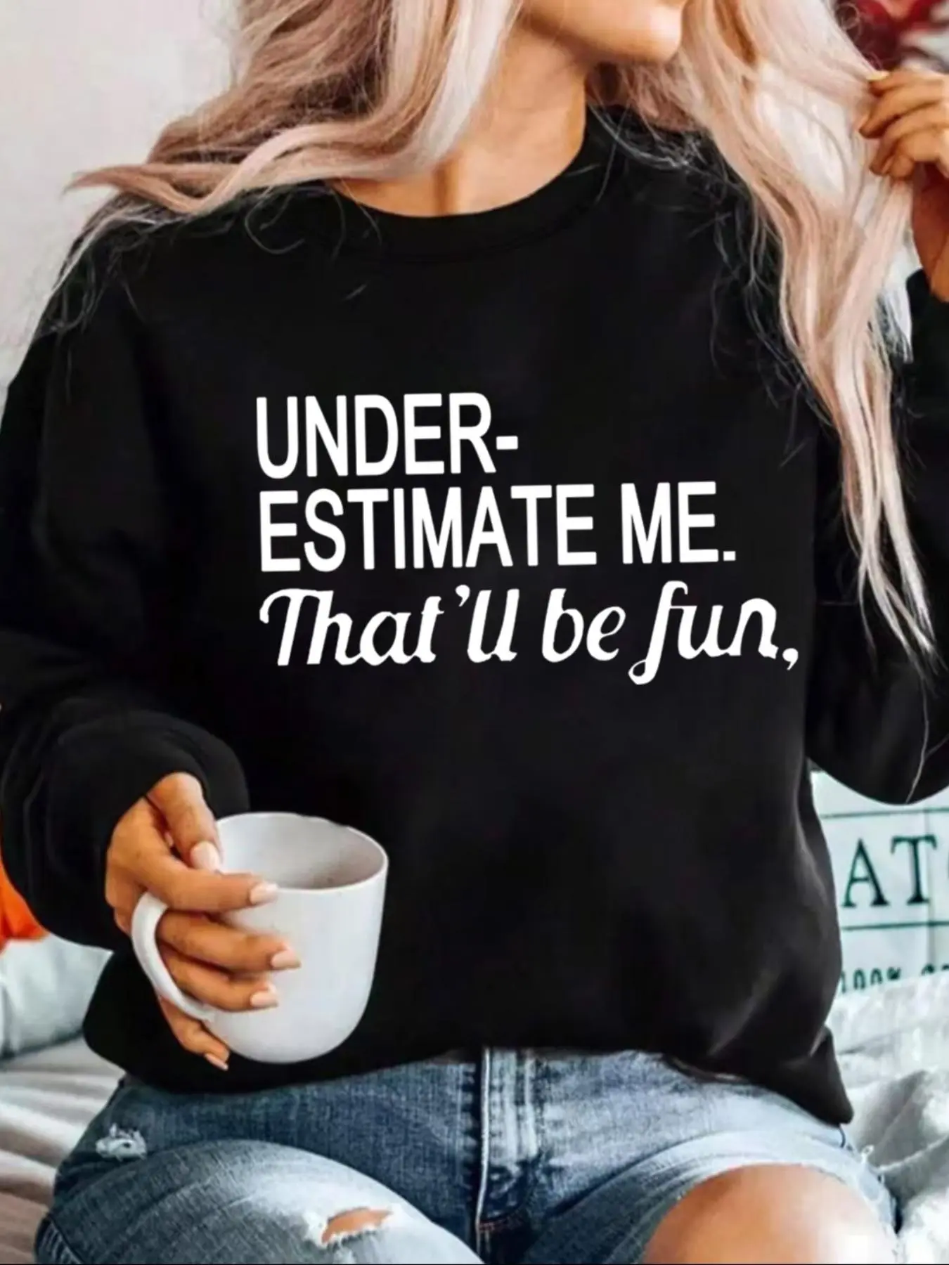 【Plus Size】Letter Print Crew Neck Drop Shoulder Sweatshirt, Casual Long Sleeve Thermal Lined Pullover for Daily Wear, Women's Clothing for Fall & Winter