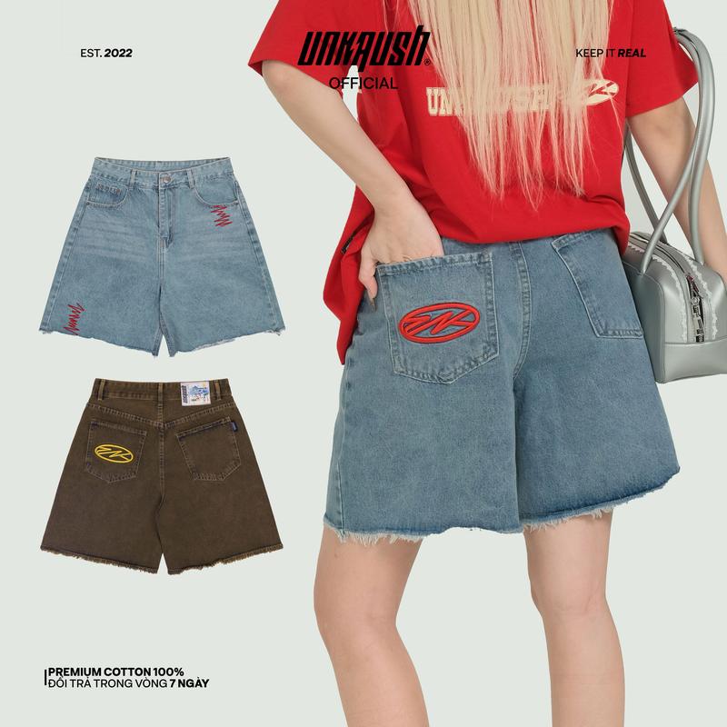 Quần Short Jean Lửng Ống Rộng Nam Nữ UNKRUSH - Punky Short Denim - Màu Nâu/Xanh