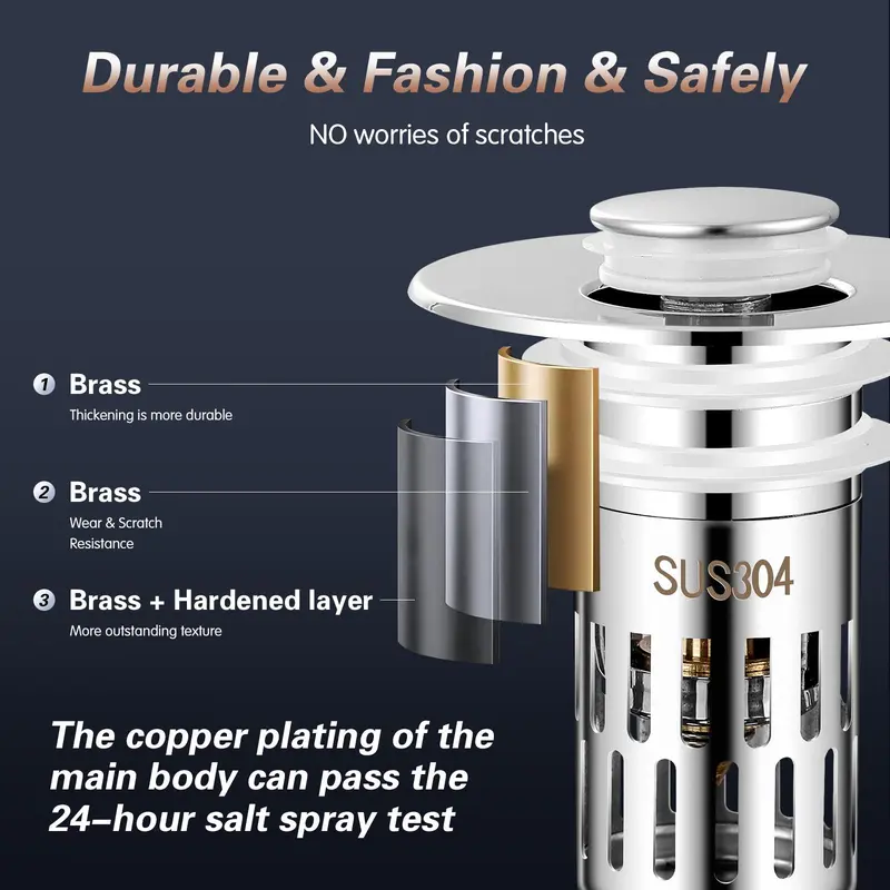 Stainless Steel Washbasin Drain Stopper, 1 Count Press Type Sink Plug, Insect Proof and Anti Blocking Filter Screen, Bathroom Supplies 4