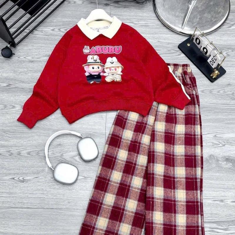 Labubu Set bộ đồ bé gái áo nỉ ép 2 da in hình labubu & quần kẻ dạ dáng xuông giữ ấm thoải mái cho bé 10-45kg Cao Su