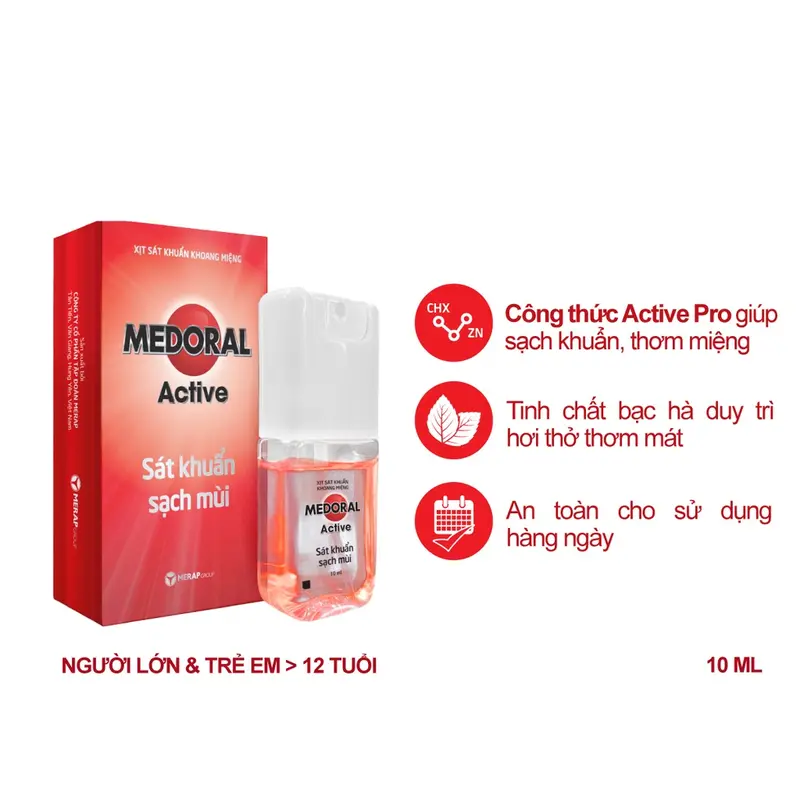 Xịt sát khuẩn thơm miệng Medoral Active giúp sạch khuẩn khoang miệng, khử mùi hôi miệng, hơi thở thơm tho (Không cồn) 1