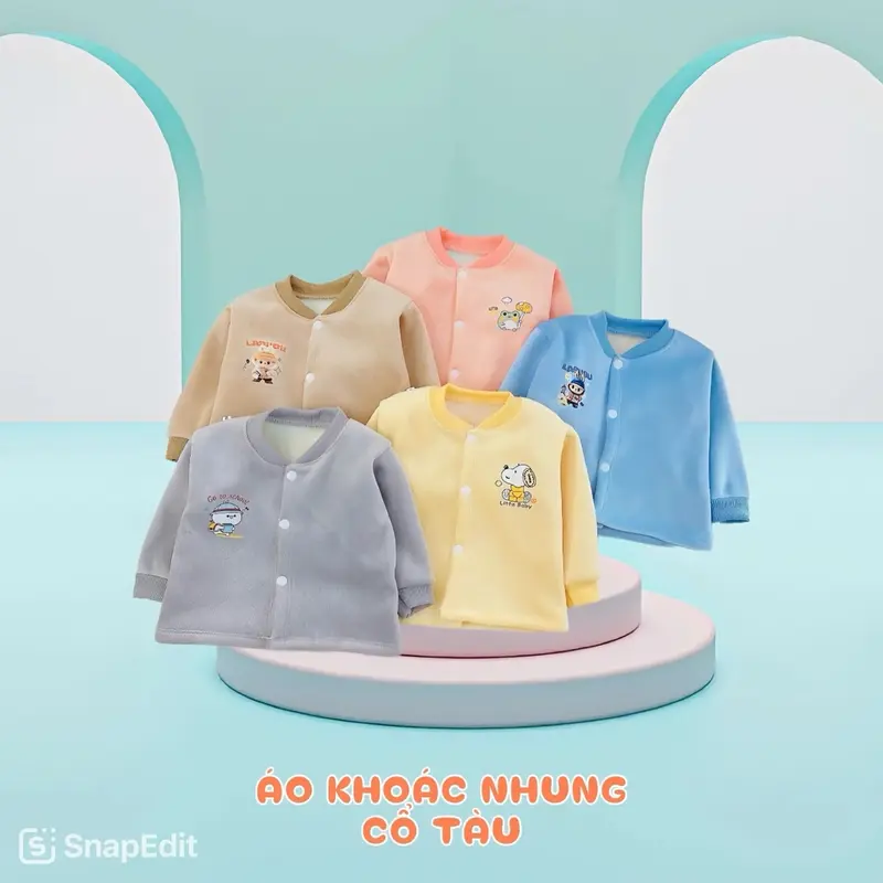 Áo Khoác Nỉ Nhung Cổ Tàu Dày Dặn Lót Lông Ấm Mềm Mịn HN Cho Bé Trai Bé Gái 3Kg~ 14Kg Mặc Mùa Đông - Voi, Len 8