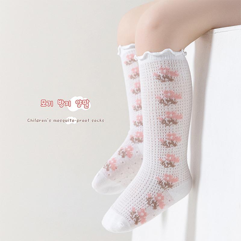 Product Introduction of Baby Socks for Girls Flower/Bear Print Mosquito Protection Mid-Calf Socks Spring Summer Breathable Kids Mesh Thin Socks 35