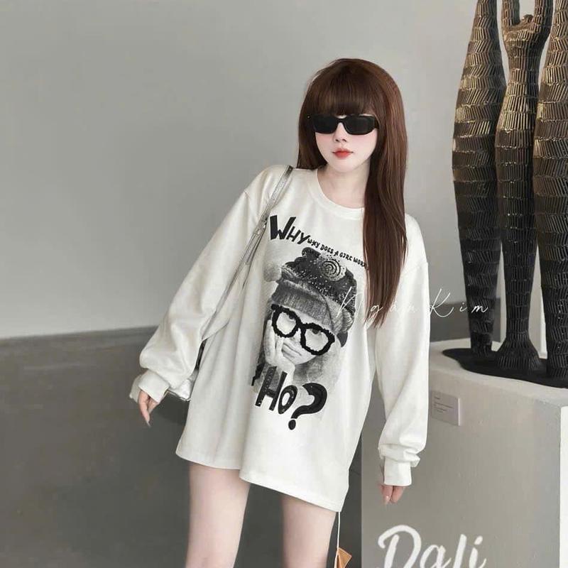 [TẶNG KÈM TẤT] Áo thun nữ tay dài Cổ Tròn in hình CÔ GÁI ĐEO KÍNH chất cotton giấy mềm mịn dễ mặc dễ phối đồ, đi chơi, đi làm 2 màu đen và Trắng Top Women