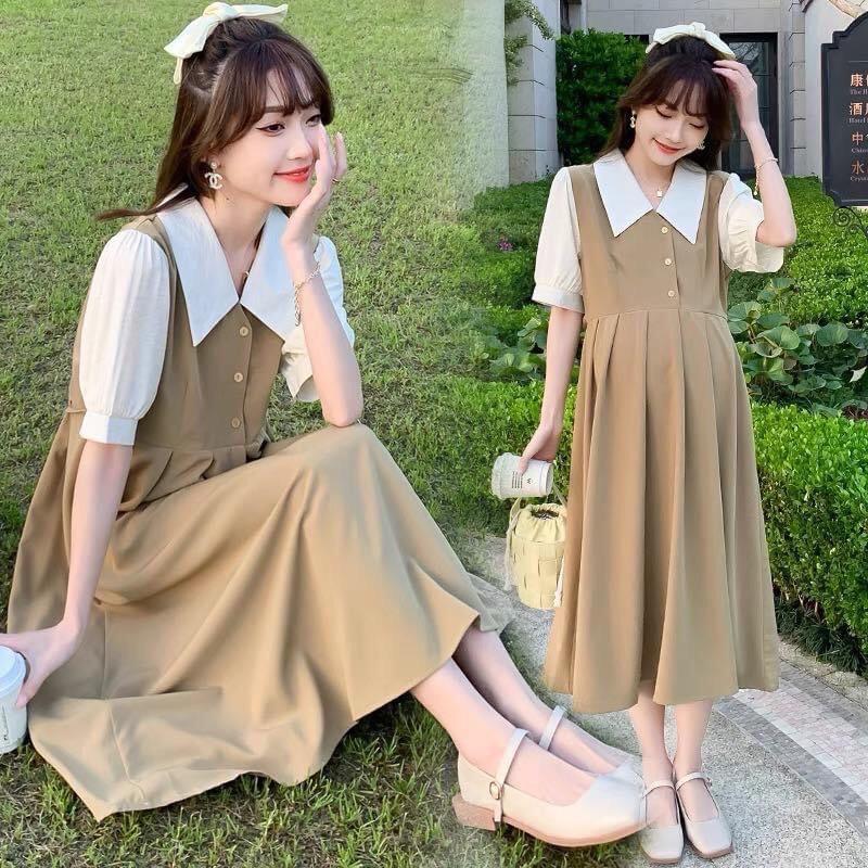 Váy bầu công sở phối cổ sơ mi tay trắng phù hợp với đi làm đi chơi Đầm Bầu thoải mái, đầm bầu dự tiệc đám cưới, váy thường mặc đi làm