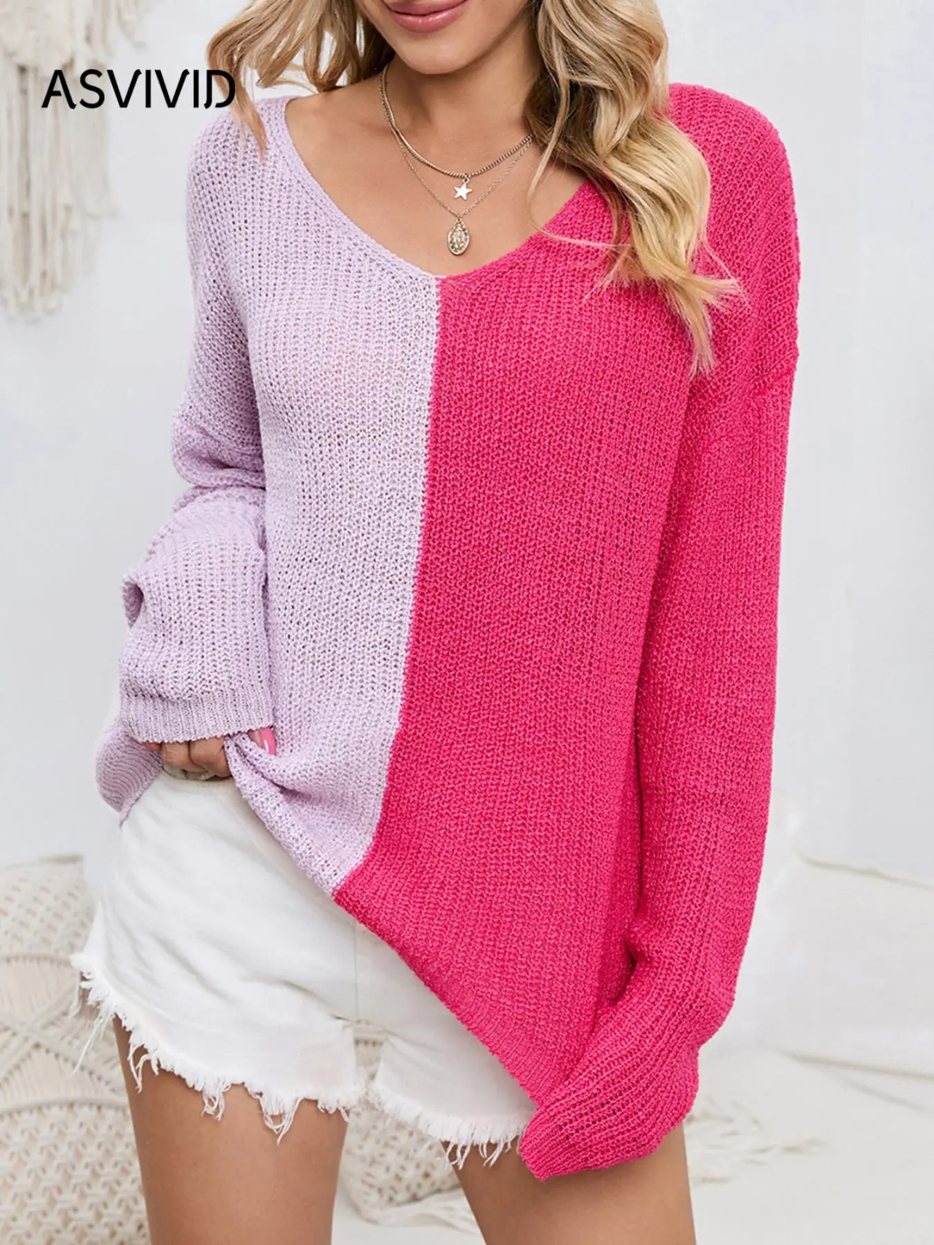 Women's Colorblock Drop Shoulder Sweater, Casual Long Sleeve V Neck Jumper for Spring & Fall, Fashion Women's Knitwear for Daily Wear