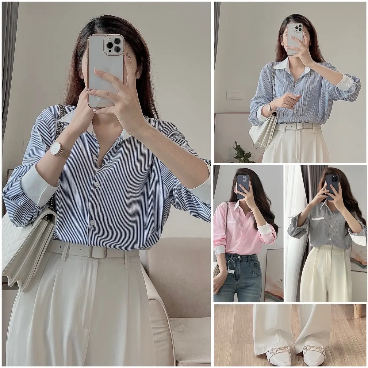 ÁO PHA CỔ TRẮNG kẻ áo sơ mi kẻ nữ thiết kế vải kate lụa hàn loại 1 ít nhăn thoáng khí-A002 lưu ý áo dáng xuông rộng form hàn quốc Top Women nhiều màu