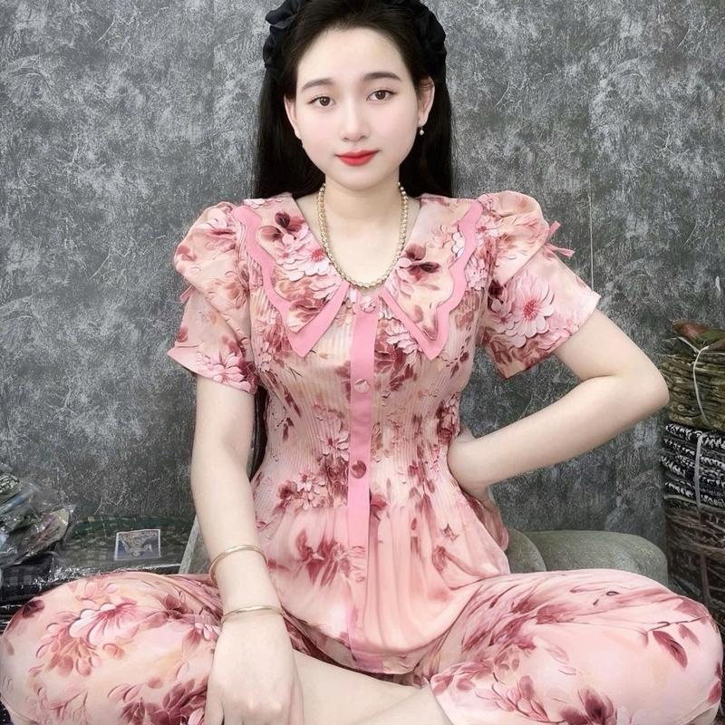 Đồ Bộ DÀI áo dập ly Lụa Mango cổ bèo nhọn tay nhún - Women Top Tay Loe Nhung Ong Áo Ống Loe set đồ