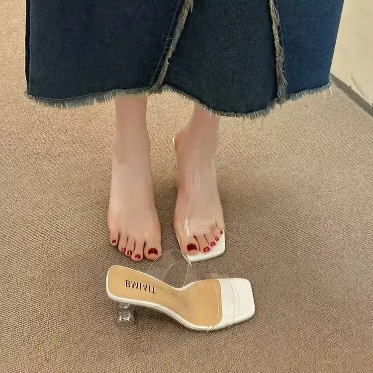 2025 [Store Hot Sale] Summer Outdoor Crystal 2025 New Square Toe Chunky Heel Transparent Sexy High Heels Refined Slippers One-Word Slippers for Women Hot Sale