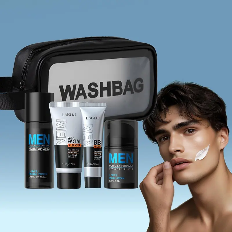 Men's Skincare Set, Moisturizing Skin Care Set, Including Facial Cleanser, Toner, Lotion, Cream, BB Cream and Makeup Bag, Skin Care Product for Men 2