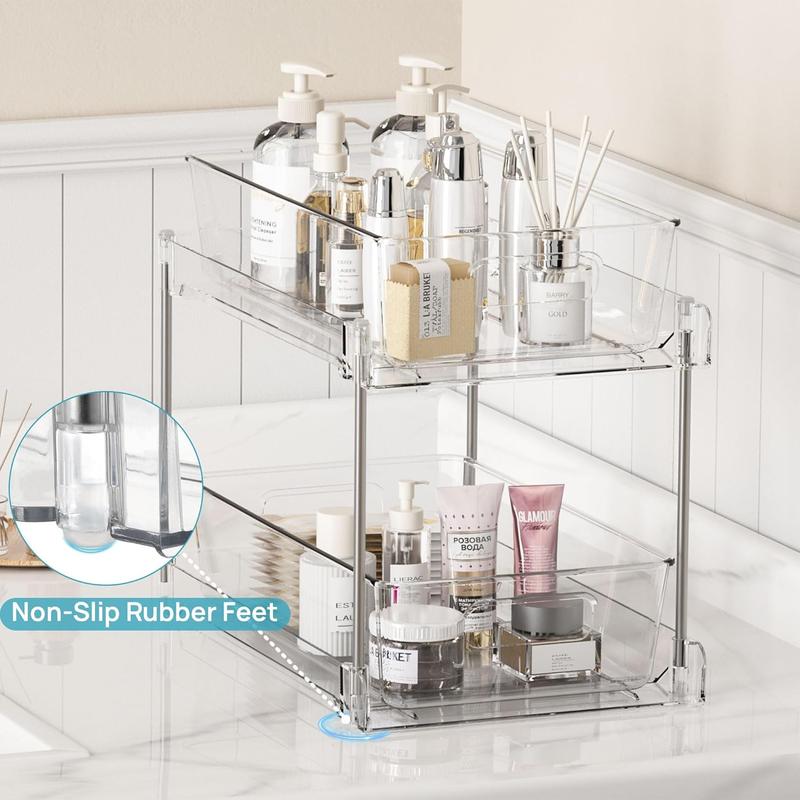 Bathroom Organizer, 2 Tier Clear Under Sink Organizers Vanity Countertop Storage Container,Cabinet Drawers Bins, Pull-Out Organization with Track for Pantry, Kitchen 4