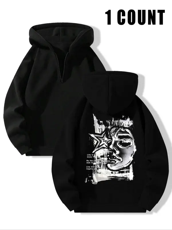 Men's Regular Fit Graphic Zip Up Thermal Lined Hoodie, Casual Drop Shoulder Long Sleeve Hooded Sweatshirt for Spring & Fall, Fashion Men's Clothes for Daily Wear 3