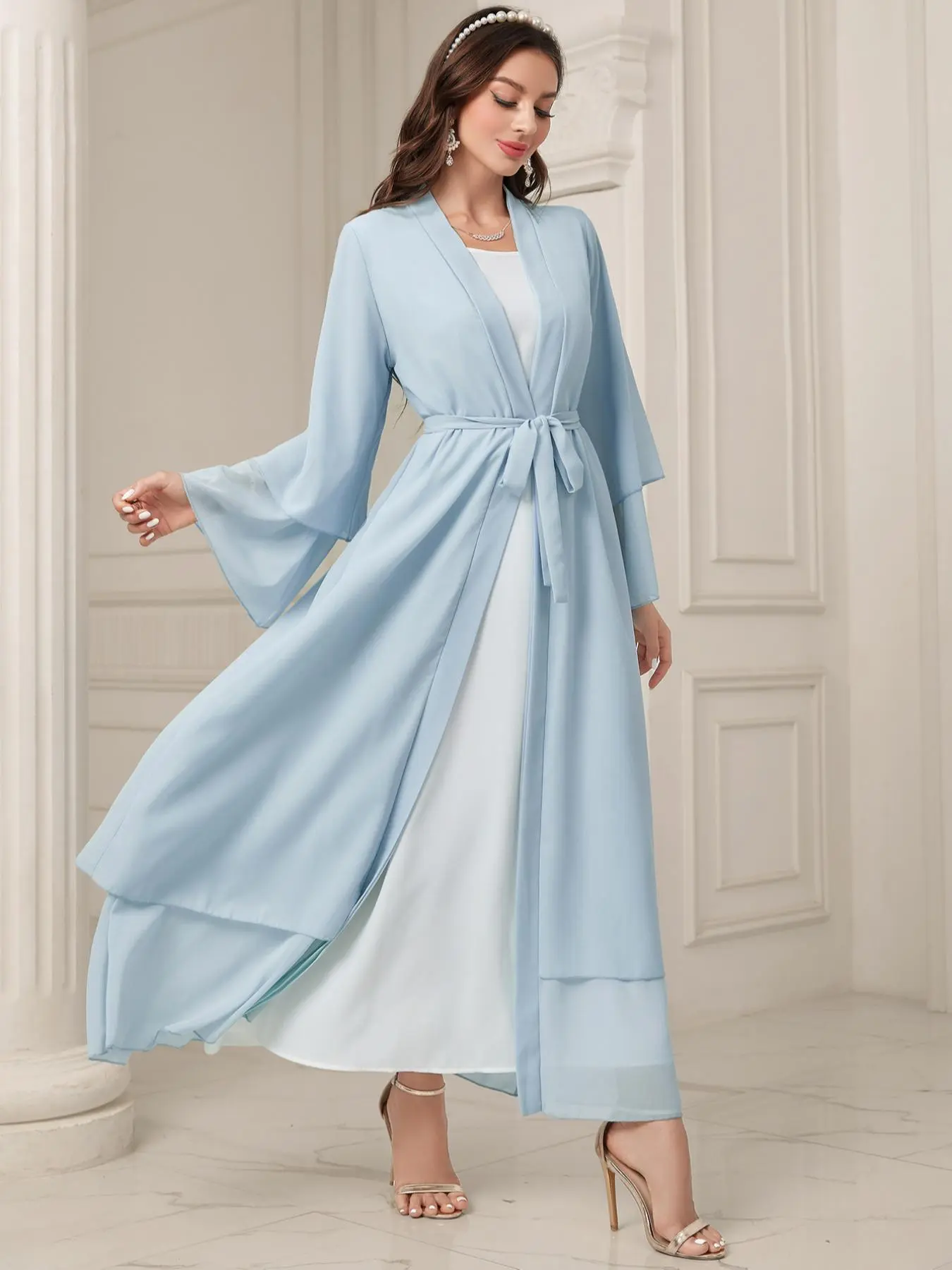 Arabic Clothing-solid Belted Tiered Layer Kaftan, Modest Cozy Long Sleeve Open Front Chiffon Dress, Kaftan Dresses, Modest Clothes, Summer Outfits 2024, Loose Abayas, Ladies Clothes for Spring & Fall