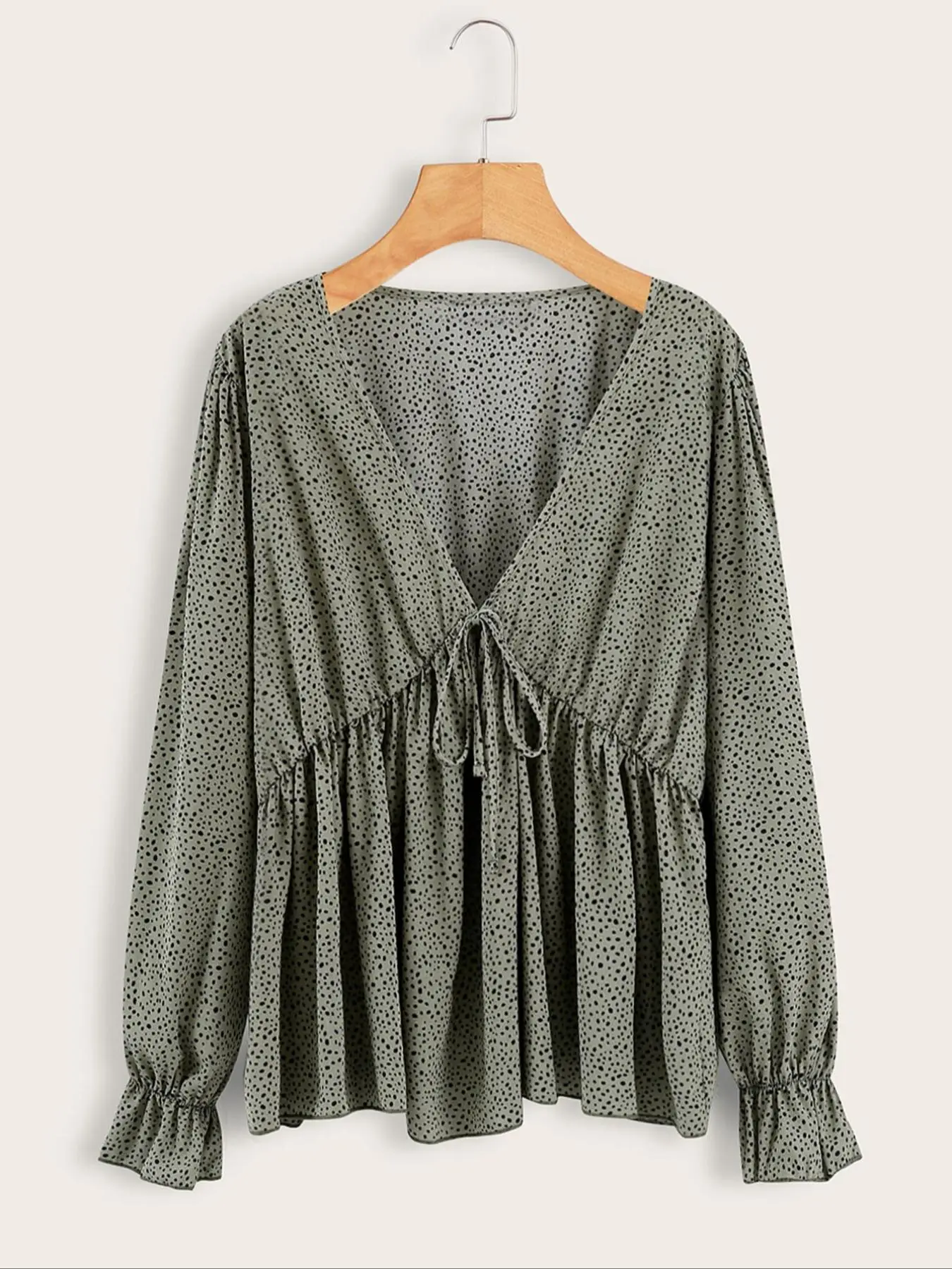 Women's All Over Print Tie Front Blouse, Casual Long Sleeve Top for Spring, Women's Clothing for Daily Wear