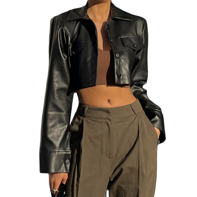 Women Crop Leather Jacket Solid Color Casual Long Sleeve Button Down Jacket Fall Outwear 1