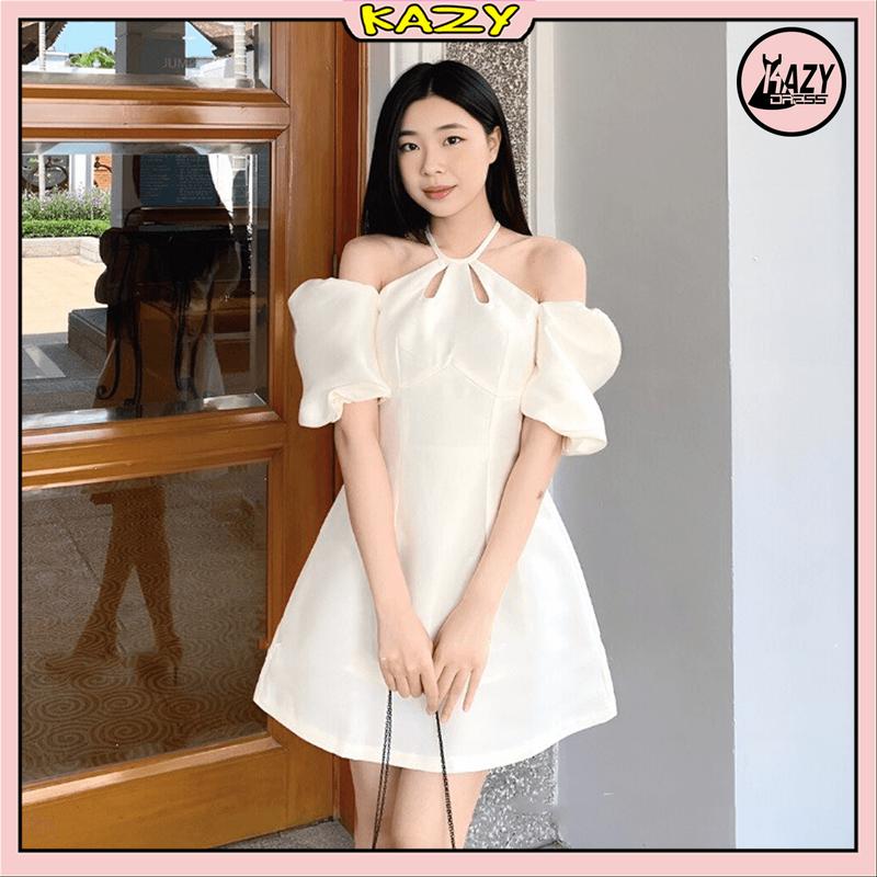 Váy tafta dự tiệc dáng xòe cổ yếm, Đầm dự tiệc trễ vai tay bồng tiểu thư KAZY STORE V037