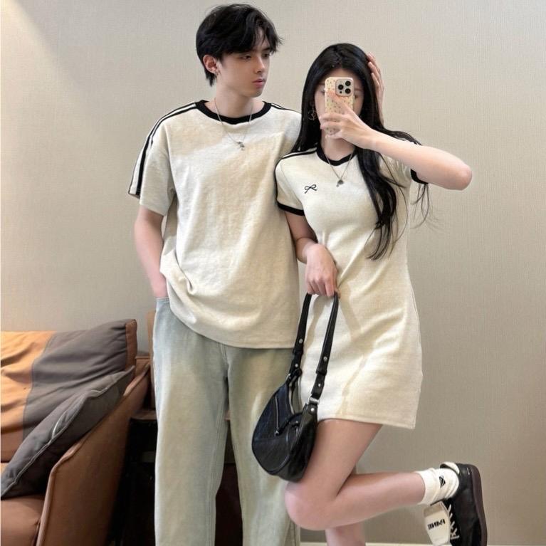 Sss - 16 Set đồ đôi nam nữ couple mùa hè áo thun váy body phối kẻ sọc trẻ trung Cotton Top Women aocap namnu Kem Tre Polo chảnh cặp