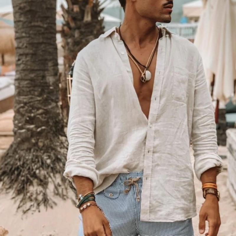 Men Plain Cotton And Linen-Blend Loose Lapels Long-Sleeved Casual Cardigan Beach Shirt 2