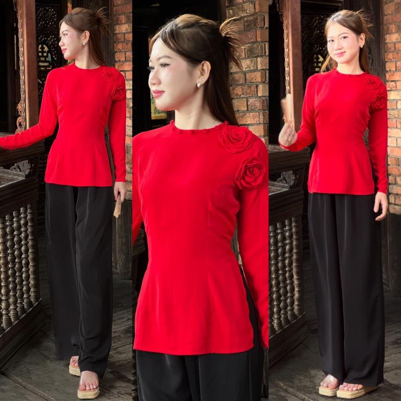 Sét bộ đồ lam pháp phục đồ bà ba đi chùa áo tay dài cổ tròn đính hoa phối quần ống xuông tôn dáng chất vải mango mềm mại co giản M9