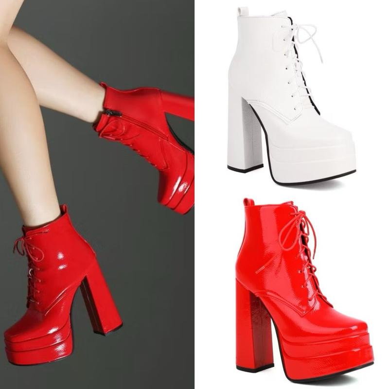 COMBAT BOOT/ Giày boot dancer cột dây đế vuông 14cm mũi vuông màu đỏ, trắng BNCN27