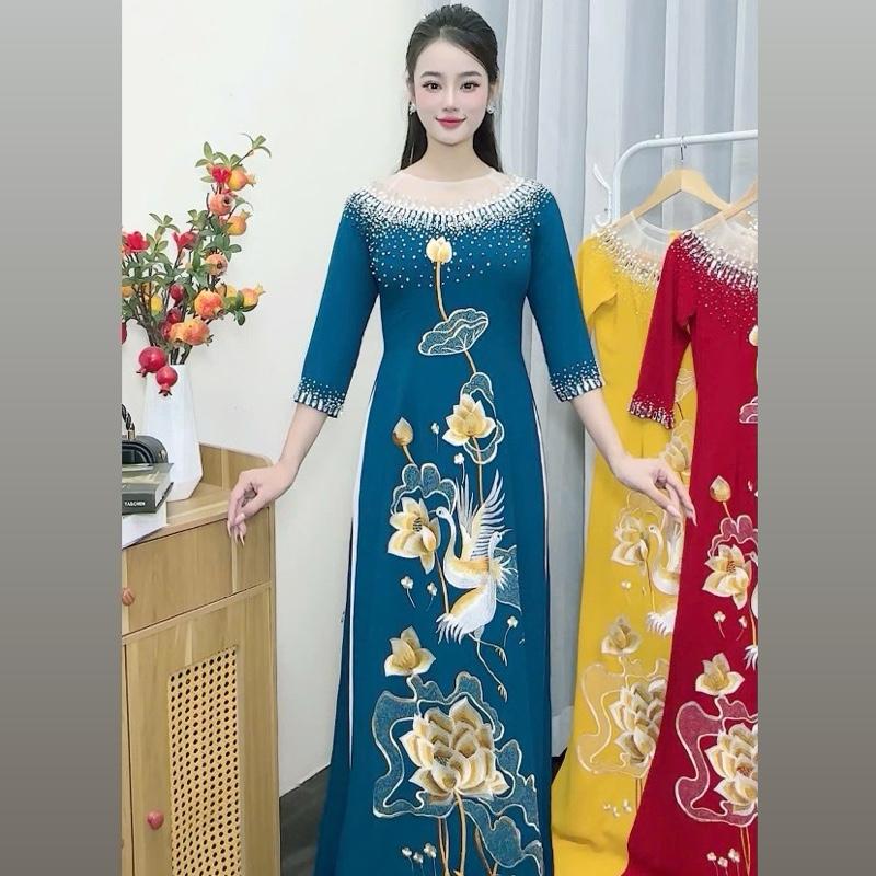  Áo Dài Thêu Hoa Sen đính kết hạt thủ công - chất liệu lụa mango co giãn bốn chiều thấm hút mồ hôi ạ quan đỏ,vàng,trắng,xanh  