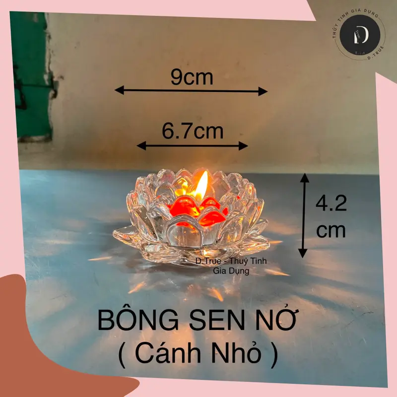 Đế Nến Thủy Tinh Nguyên Khối Kiểu Bông Sen Cánh Nhỏ Trong Suốt (Tặng Kèm Nến Mỗi Cái)) 2