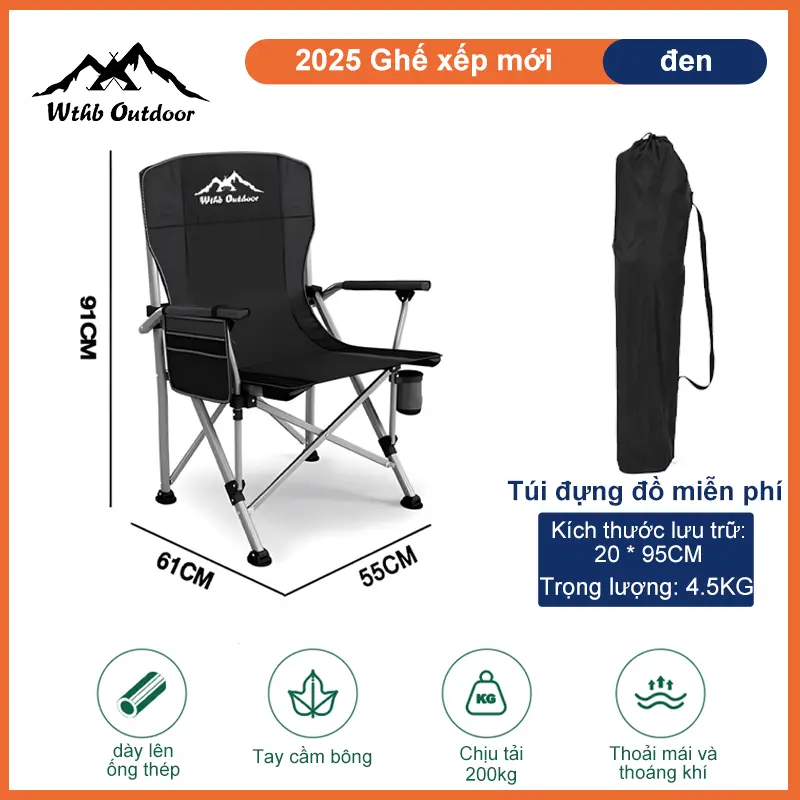 Ghế Gấp Ngoài Trời - Ghế Nấu Nước Cực Kì Thiện Ích: Nâng Trọng 200KG, Túi Đựng Và Túi Bên Cho Vật Dụng, Đế Chén Để Nước - Đối Tác Tin Cậy Cho Những Chuyến Nấu Nước 8