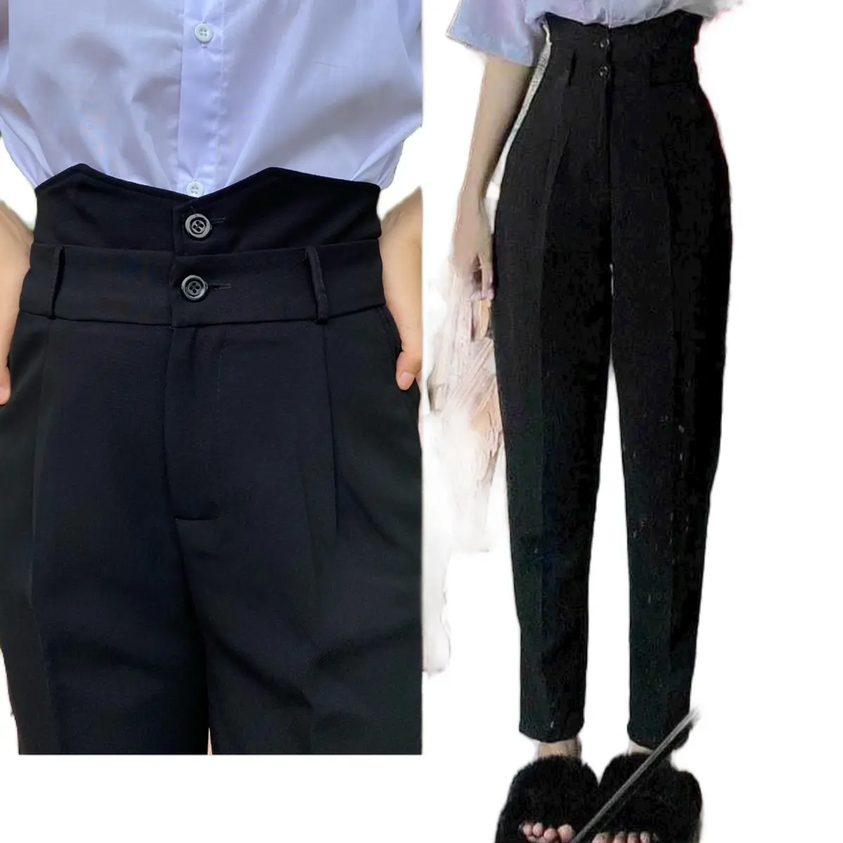 Quần Tây Lưng Bèo 2 Nút Cạp siêu Cao Nữ Women Đen