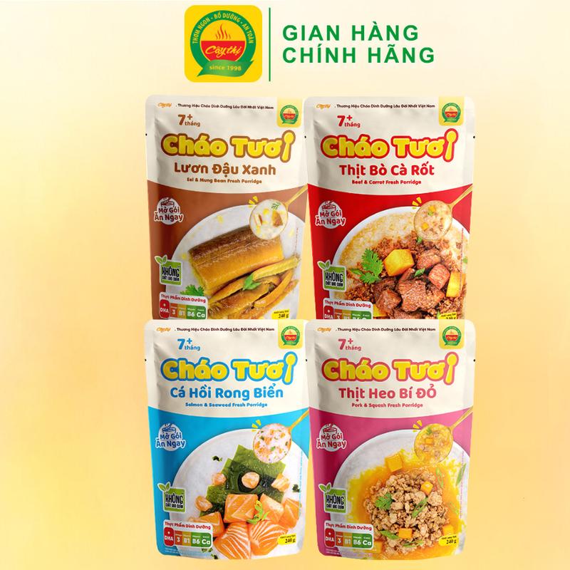 Combo 4 Gói Cháo Tươi Cây Thị Vị: Cá Hồi, Lươn Đậu Xanh, Thịt Bò, Thịt Heo