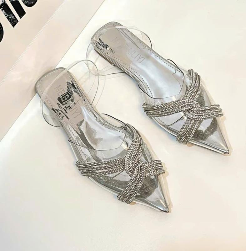  Dép sục nữ mũi nhọn quai sandal trơn nika trong kết hợp dây xoắn đính đá thời trang có size lớn 35-45   không dành cho chân mập   