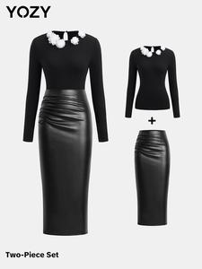 YOZY Women's Floral Decor Tee & PU Leather Skirt Set, Ladies Clothes for Party Club Dating