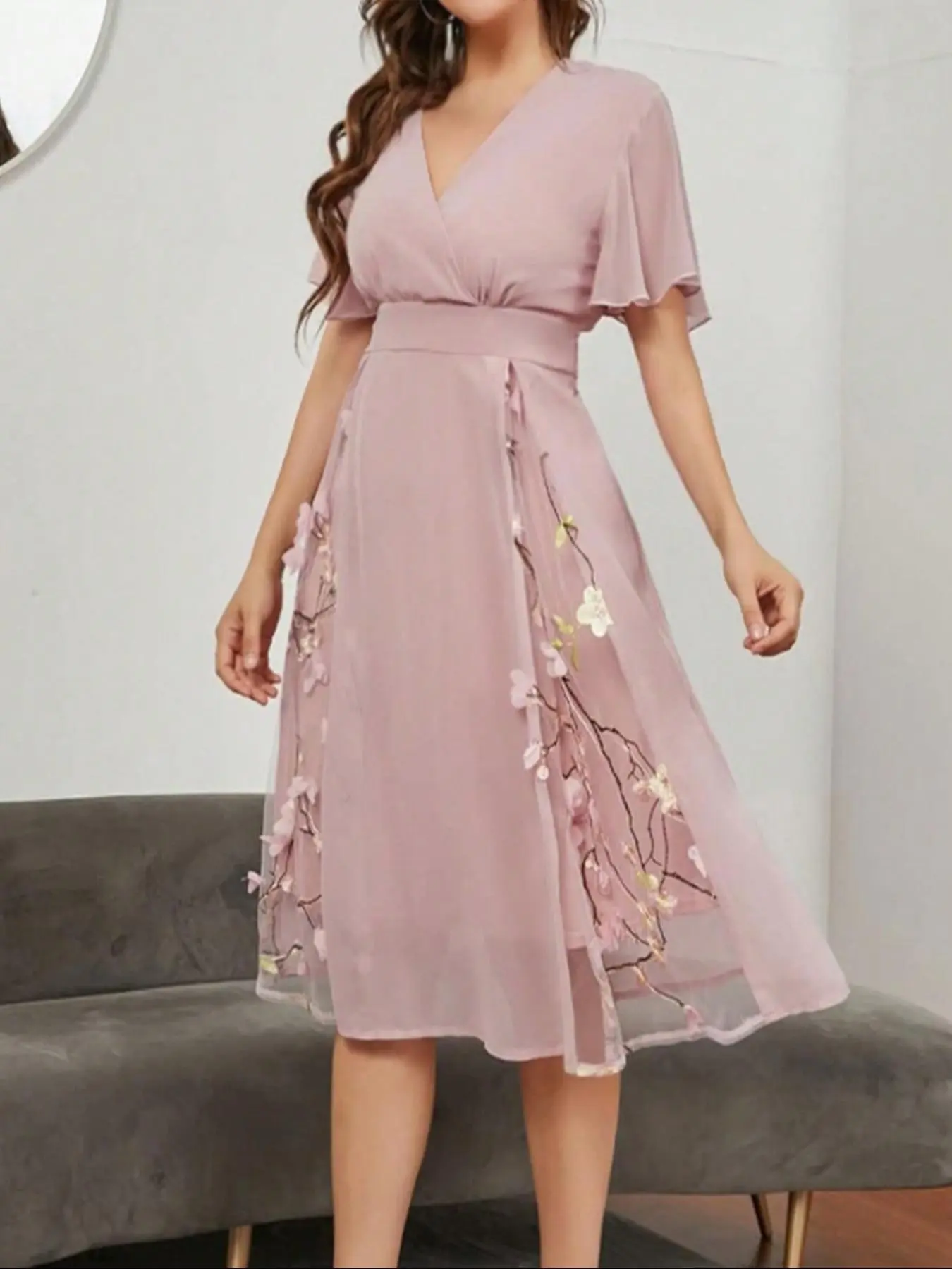 Women's Floral Embroidery Contrast Mesh A Line Dress, Elegant Cute V Neck Flounce Sleeve Midi Dress for Party Holiday Wedding Guest, Ladies Summer Clothes