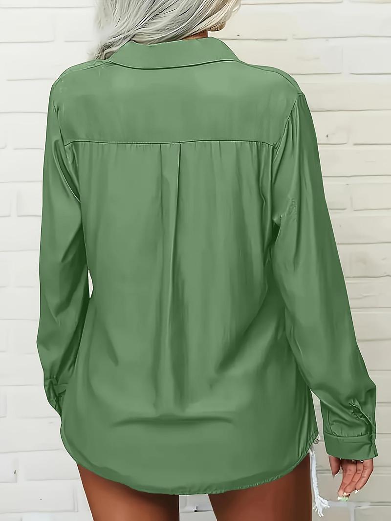 Product Introduction of 【Plus Size】 Solid Color Curved Hem Shirt, Casual Long Sleeve Collared Top for Spring & Fall, Women's Clothes for Daily Wear 2