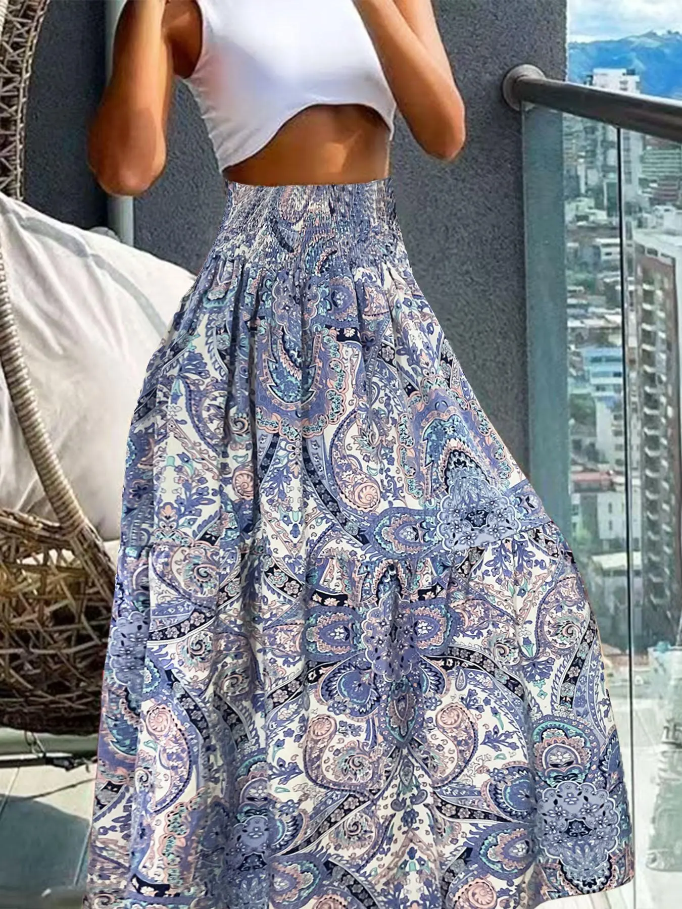 【Plus Size】 All Over Print Shirred Flared Skirt, Boho Fashion Long Skirt for Daily Holiday Vacation Wear, Women's Bottoms for Spring & Fall