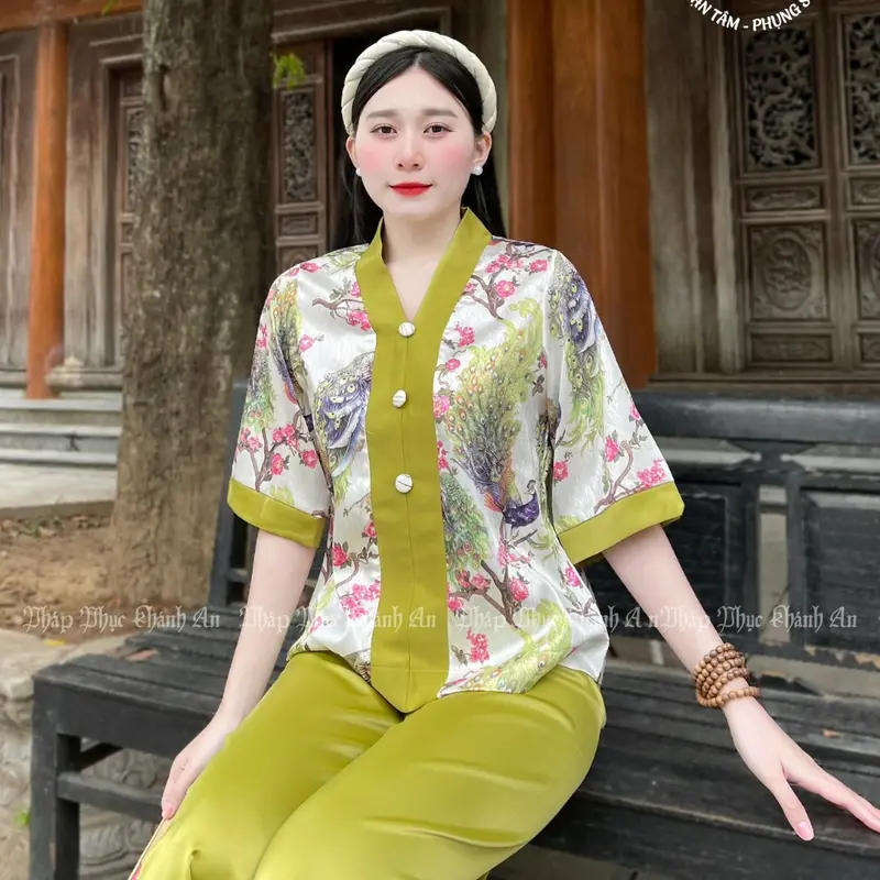 KA2- Bộ Lam Ba Cúc Tay Lỡ Lụa Vân Gỗ Cao Cấp Mẫu Mới Pháp Phục Khánh An Nữ Áo 6