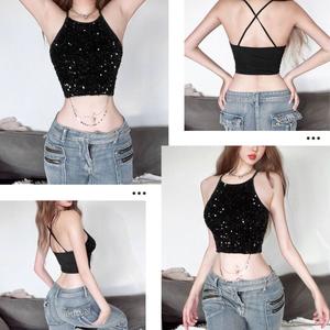 เสื้อสายเดี่ยว แต่งเลื่อม สีดำ ประดับโซ่สีเงิน BR010