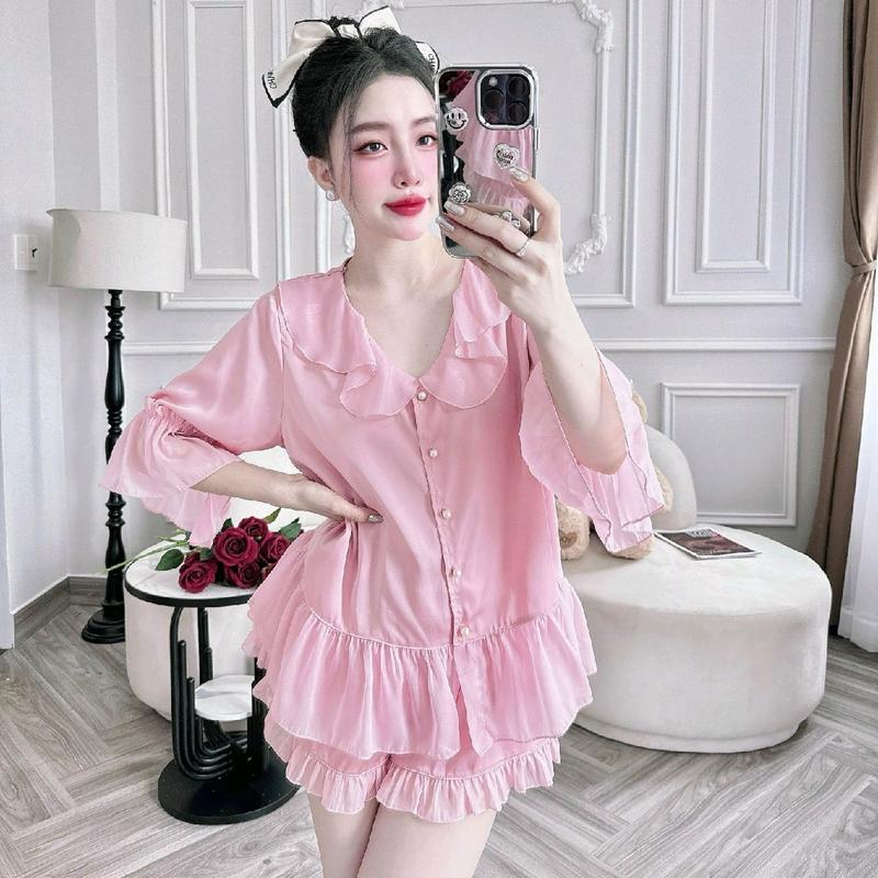 Đồ bộ pyjama nữ bigsize Mẫu tiểu thư cổ voan nút ngọc lụa mềm mại Set bộ xinh màu trơn Bộ Áo Women Kem Voan Lua Voi rose  đồ pijama