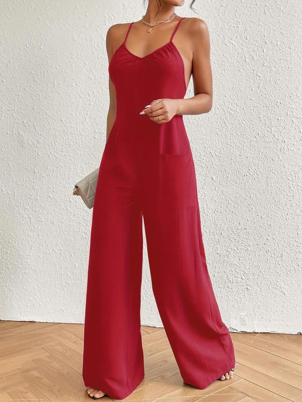 Women's Minimalist Plain Criss Cross Backless Cami Jumpsuit for Summer, Summer Clothes, Womenswear Basic Casual Sleeveless Pocket Wide Leg Jumpsuit for Lady Summer, Ladies Clothes for Daily Wear 8