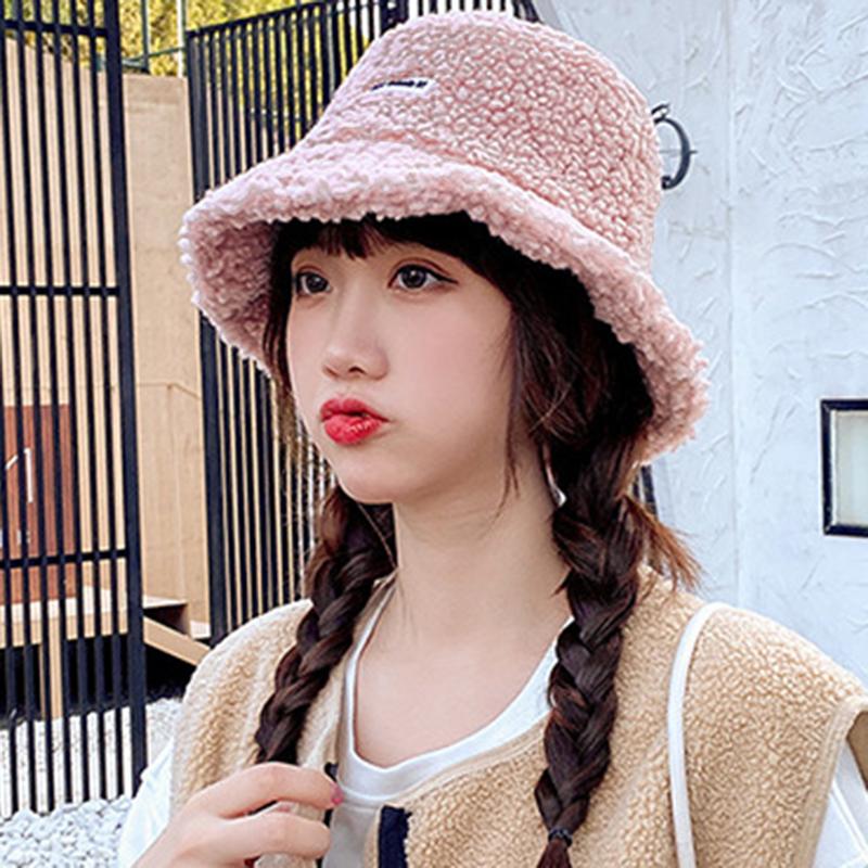 Product Introduction of Lamb Wool Bucket Hat Winter Warm Hats For Women Lady Thicken Flat Top Cap Panama Outdoor Fisherman Hat Caps Letter Embroidered Hat Fisherman Cap 56-58 cm 30