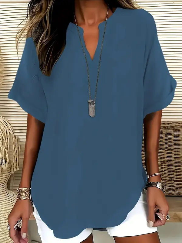 【Plus Size】 Solid Notched Neck Blouses, Casual Top for Summer, Women's Clothing for Daily Wear 6