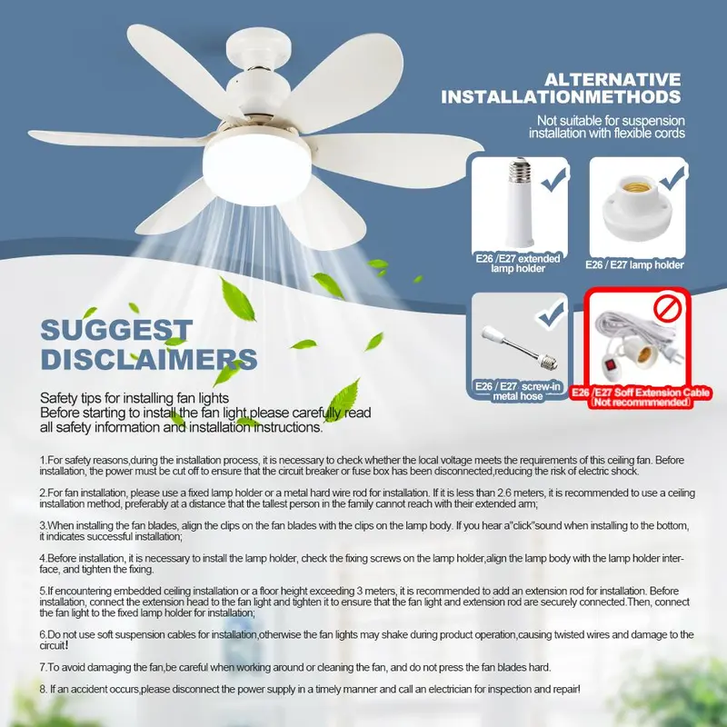20.5 Inch E27 Fan Light with Remote Control, Silent Strong Wind Fan Light, LED Energy Saving Ceiling Light for Living Room Bedroom Kitchen 2
