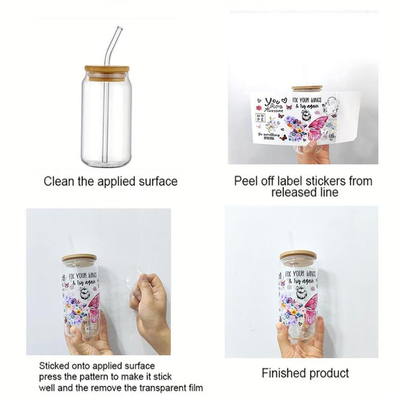 Butterfly Pattern UV DTF Transfer Sticker, 5 Counts/set DIY Sticker for Glass Bottle, Glass Cup Decorative Transfer Decal 6