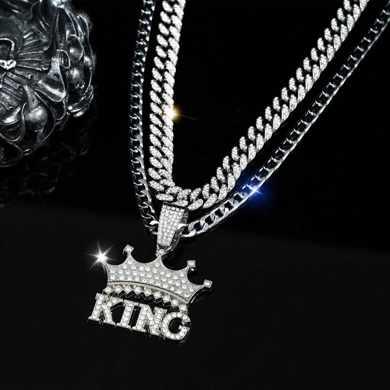 Tặng nhẫn Combo dây chuyền cuban kèm mặt chữ KING màu bạc