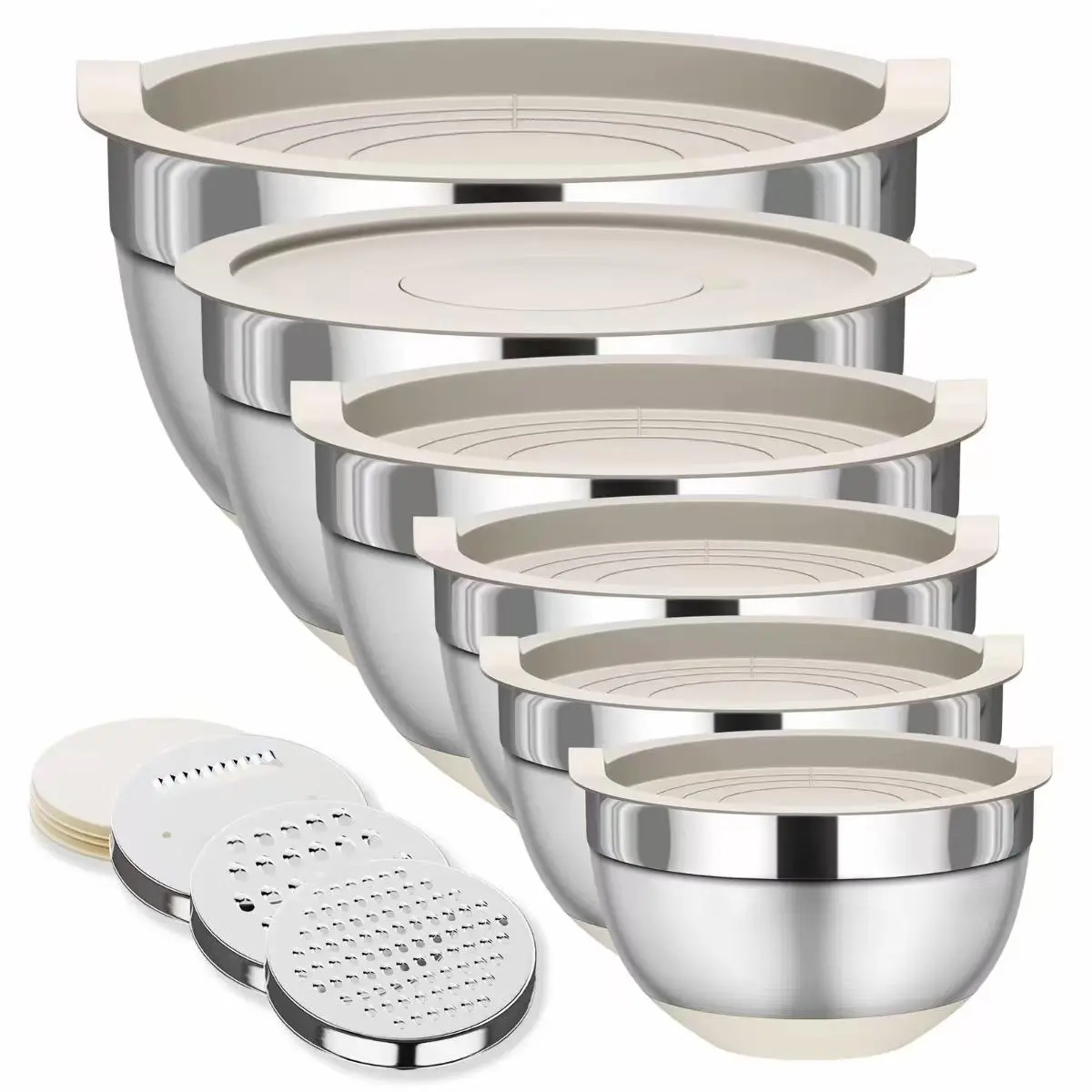 Stainless Steel Bowl Set, 6 Counts/set Salad Bowls with Grater & Lid, Non-slip Bowl Set for Salad, Fruit, Vegetable, Kitchen Accessories